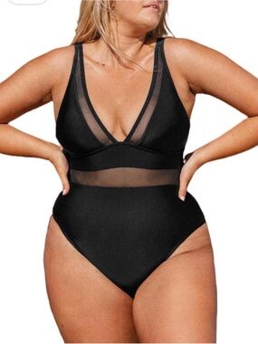 Black Mesh Inset One-Piece Swimsuit (NWOT)
